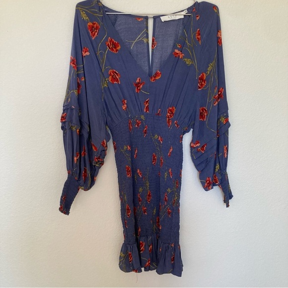 ASTR the Label Womens Dolman Smocked Mini Dress Small Floral Blue Size Small - Picture 6 of 12